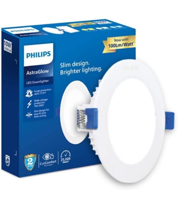 (66)Philips Astra Glow 10-watt Round LED Downlighter | Recessed LED Downlight for False Ceiling | LED Ceiling Light for Home and Hall | Cut Out: 4 inch, Cool Day Light, Pack of 1 (66)
