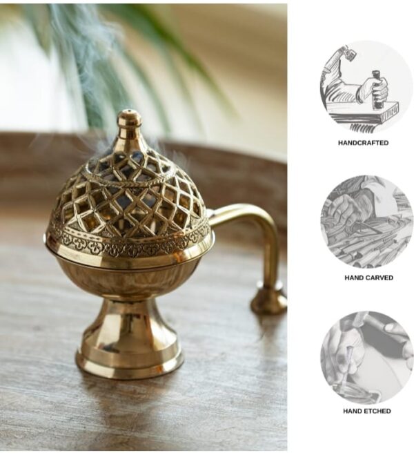 (80) ExclusiveLane 'Inayaat' Brass Dhoop Dani Incense Burner (Pure Brass) | Handcurved Brass Dhuna Dani Dhoop Burner for Puja and Home Decor (Hand-Etched, 4.0 Inches, 0.36 Kg) (80) - Image 6