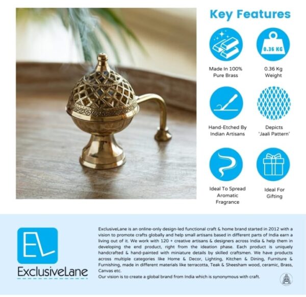 (80) ExclusiveLane 'Inayaat' Brass Dhoop Dani Incense Burner (Pure Brass) | Handcurved Brass Dhuna Dani Dhoop Burner for Puja and Home Decor (Hand-Etched, 4.0 Inches, 0.36 Kg) (80) - Image 4