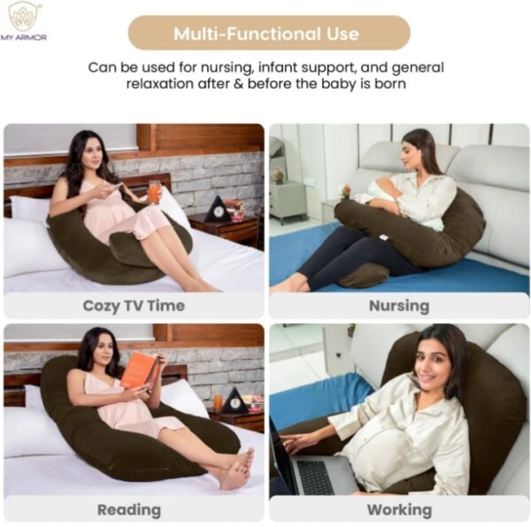 (658) MY ARMOR Full Body U Shape Pregnancy Pillow for Pregnant Women, Maternity Pillow Gift for Pregnancy Sleeping, 3 Months Warranty, Premium Velvet Cover with Zip, Brown (658) - Image 3