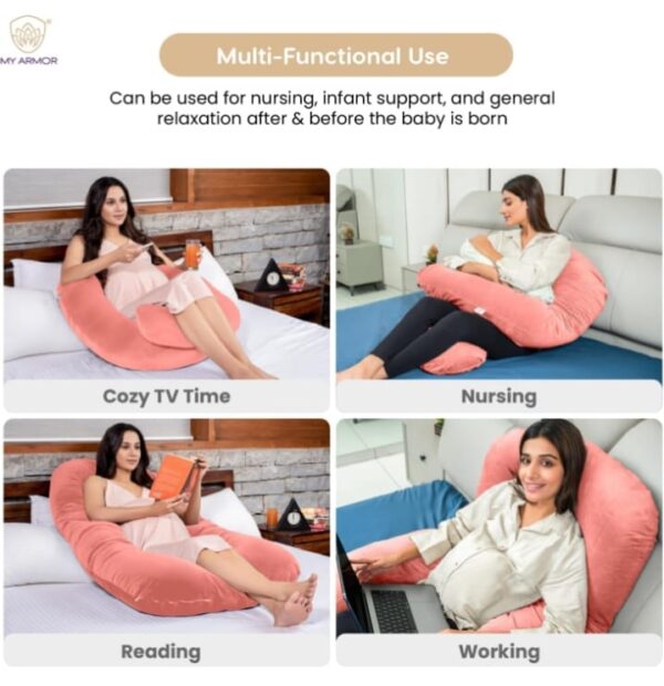 MY ARMOR Full Body U Shaped Pregnancy Pillow for Maternity & Baby Nursing | Abdomen, Hip, Spine, Neck & Head Support Cushion for Pregnant Women | Premium Velvet Outer Cover with Zip | Peach - Image 2