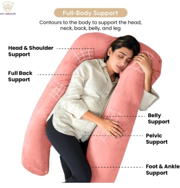 MY ARMOR Full Body U Shaped Pregnancy Pillow for Maternity & Baby Nursing | Abdomen, Hip, Spine, Neck & Head Support Cushion for Pregnant Women | Premium Velvet Outer Cover with Zip | Peach - Image 3