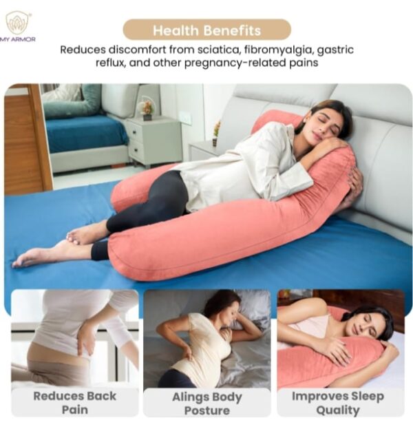 MY ARMOR Full Body U Shaped Pregnancy Pillow for Maternity & Baby Nursing | Abdomen, Hip, Spine, Neck & Head Support Cushion for Pregnant Women | Premium Velvet Outer Cover with Zip | Peach - Image 4