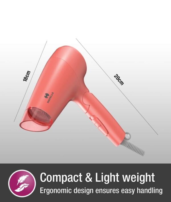 Havells HD2223 1200 Watts Foldable & Travel Friendly Hair Dryer, 3 Heat (Hot/Cool/Warm) Settings, with Overheat Protection (Coral) (812) - Image 4