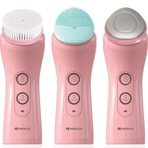 Havells SC5070 Facial Cleanser, with 3 Heads for Exfoliation, Cleaning and Iontophoresis, Smart Alert to Assist Usage, Rechargeable (Pink) (811)