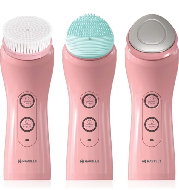Havells SC5070 Facial Cleanser, with 3 Heads for Exfoliation, Cleaning and Iontophoresis, Smart Alert to Assist Usage, Rechargeable (Pink) (811)