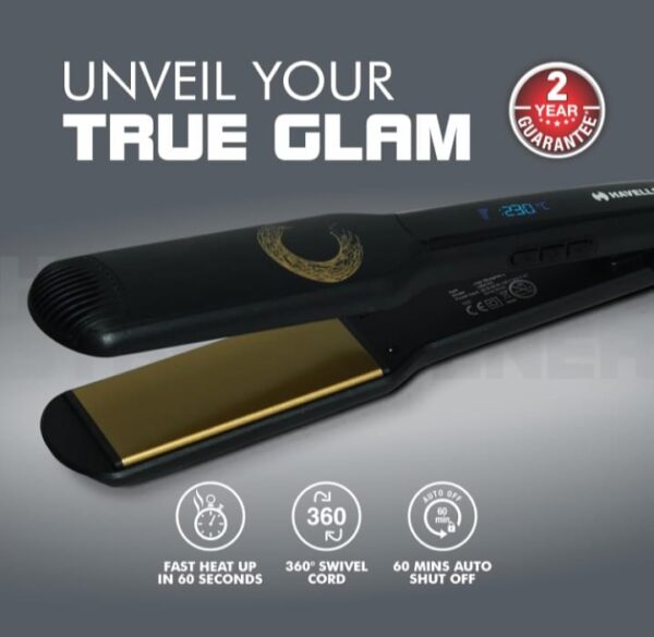 (795) Havells HS4122 Keratin Wide Plate Hair Straightener with Digital Display & Adjustable Temperature; Heats Up Fast; for All Hair Types; Worldwide Voltage Compatible (Black) (795) - Image 3