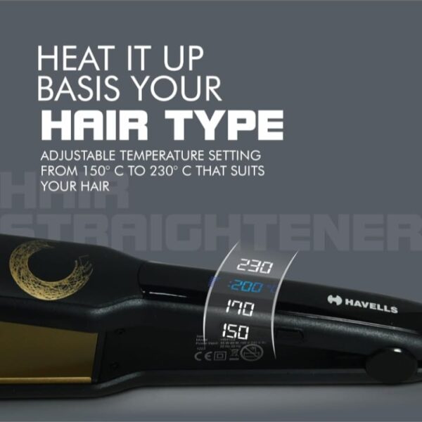 (795) Havells HS4122 Keratin Wide Plate Hair Straightener with Digital Display & Adjustable Temperature; Heats Up Fast; for All Hair Types; Worldwide Voltage Compatible (Black) (795) - Image 4