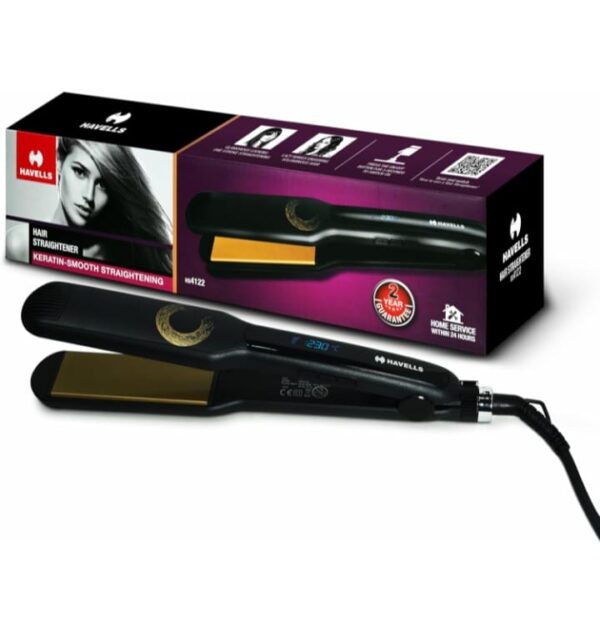 (795) Havells HS4122 Keratin Wide Plate Hair Straightener with Digital Display & Adjustable Temperature; Heats Up Fast; for All Hair Types; Worldwide Voltage Compatible (Black) (795)