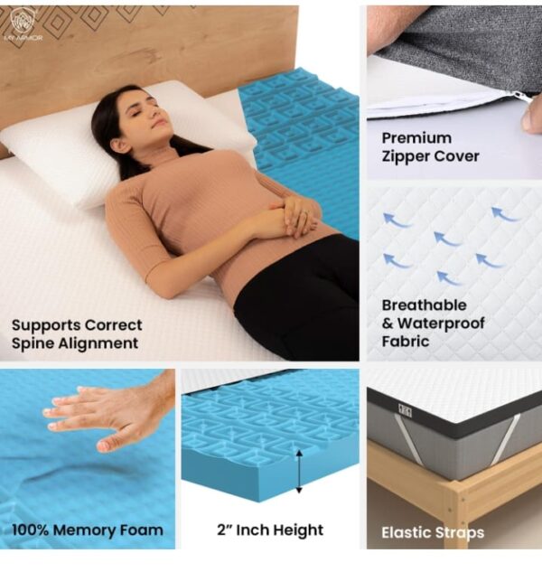 (654) My Armor 3-Zone Gel Memory Foam Mattress Topper, 2 Inch Thick Mattress Padding for Bed, Waterproof Checks Cover with Zip, White, Queen Size, 78"x60", 6.5 ft x 5 ft (654) - Image 2