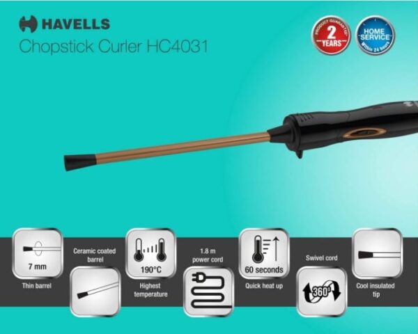 (790)Havells HC4031  7 mm thin Chopstick Curler; Ceramic barrel; Fast heat up for Long-lasting maggie Curls for Short & Long hair (Black) (790) - Image 4