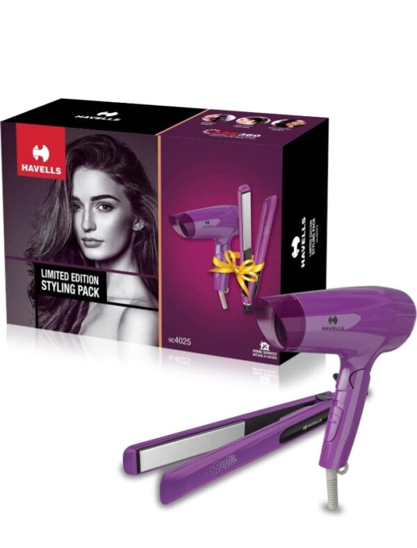 (801)Havells HC4025 Limited Edition Styling Pack Combo (1200 W Dryer + Straightener (Purple)(801)