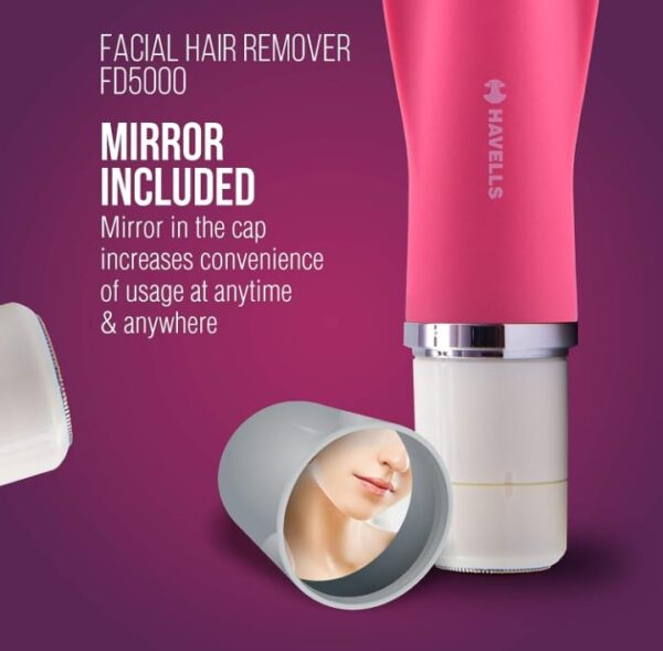 807)Havells Lady Facial Hair Remover | Rotary Blades for Clean and Smooth Touch for Upper Lips, Chin & Cheeks | Wet & Dry Use | Battery Powered | Mirror Included | Hot Pink | FD5000 (807) - Image 2