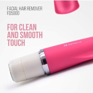 807)Havells Lady Facial Hair Remover | Rotary Blades for Clean and Smooth Touch for Upper Lips, Chin & Cheeks | Wet & Dry Use | Battery Powered | Mirror Included | Hot Pink | FD5000 (807)