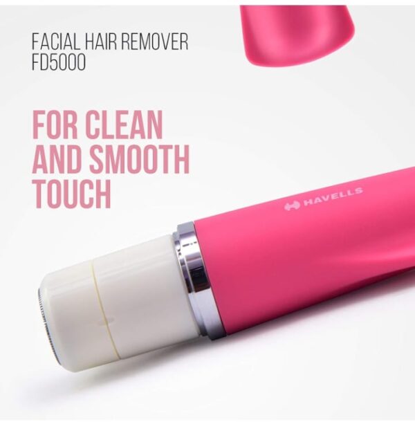 807)Havells Lady Facial Hair Remover | Rotary Blades for Clean and Smooth Touch for Upper Lips, Chin & Cheeks | Wet & Dry Use | Battery Powered | Mirror Included | Hot Pink | FD5000 (807)