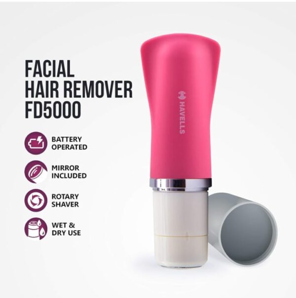807)Havells Lady Facial Hair Remover | Rotary Blades for Clean and Smooth Touch for Upper Lips, Chin & Cheeks | Wet & Dry Use | Battery Powered | Mirror Included | Hot Pink | FD5000 (807) - Image 4