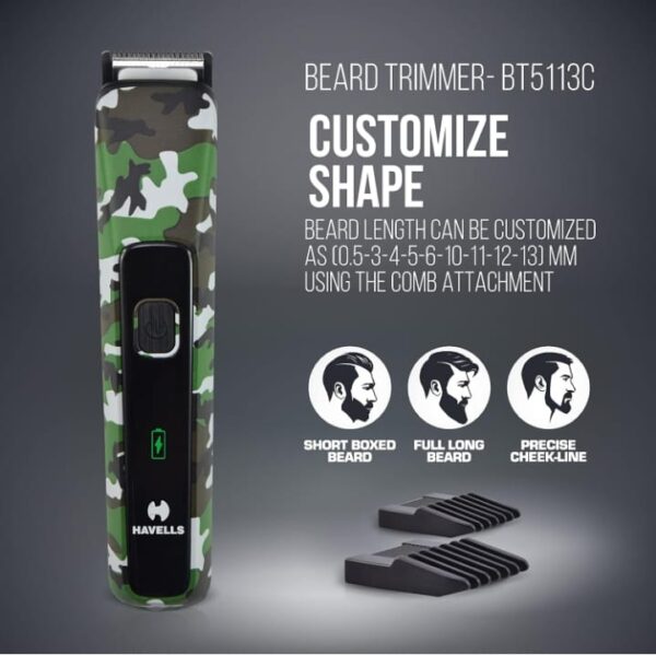 (804)Havells Bt5113 Rechargeable Beard Trimmer,Super Fast Charge,Trimming Lengths Upto 13 Mm For Multiple Styles (Military) (Black&Green),Men (804) - Image 2
