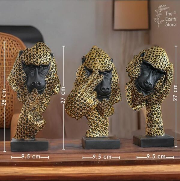 The Earth Store Gandhi's Golden Trio Set of Three Monkeys with Golden Ring Pattern | Poly Resin Decorative Figurines for Home | Monkey Showpiece Set | Gandhiji's 3 Monkey Figurine | Sculpture | Idol - Image 2