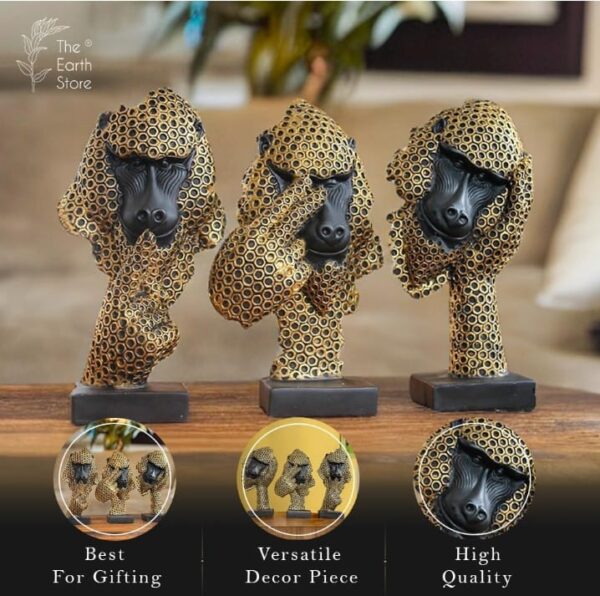 The Earth Store Gandhi's Golden Trio Set of Three Monkeys with Golden Ring Pattern | Poly Resin Decorative Figurines for Home | Monkey Showpiece Set | Gandhiji's 3 Monkey Figurine | Sculpture | Idol - Image 3