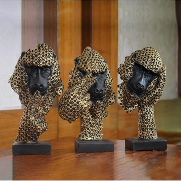The Earth Store Gandhi's Golden Trio Set of Three Monkeys with Golden Ring Pattern | Poly Resin Decorative Figurines for Home | Monkey Showpiece Set | Gandhiji's 3 Monkey Figurine | Sculpture | Idol - Image 5