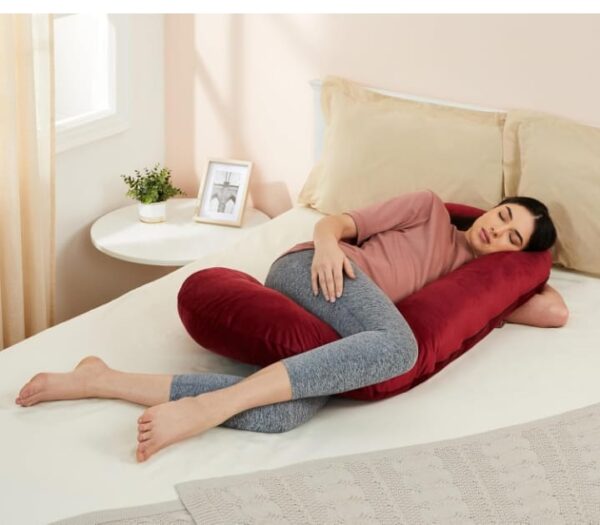 (914) Amazon basics Full Body C-Shaped Pregnancy Pillow for Maternity & Baby Nursing | Abdomen, Hip, Spine, Neck & Head Support Cushion Velvet Outer Cover with Zip (Maroon) (914) - Image 3
