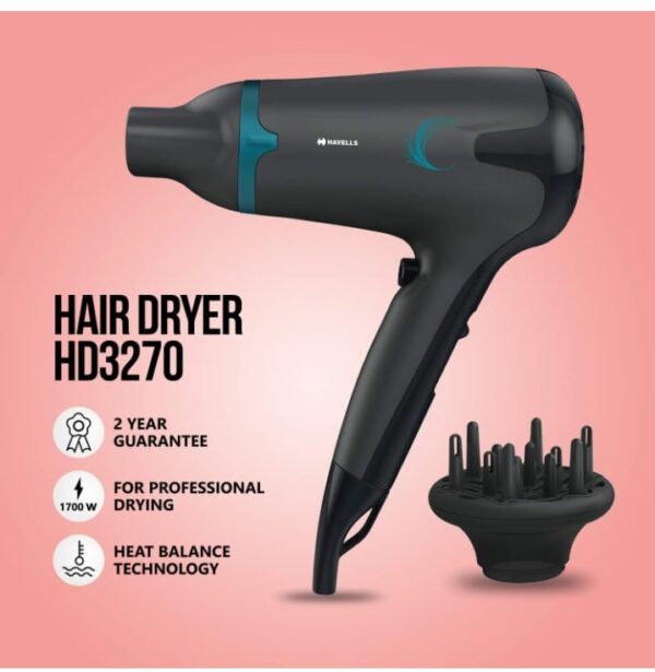 (799) Havells 1700W 2-In-1 Hair Dryer With Diffuser & Thin Concentrator|2 Heat Settings (Hot/Warm)|Heat Balance Technology|Midnight Black|Blow Dry Companion For Effortless Hair Styling|Hd3270-1700 Watts (799) - Image 4