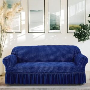 (859) Amazon Brand - Solimo Bubble Sofa Cover with Skirt Polyester and Spandex Fabric | Three Seater (Blue) (859)