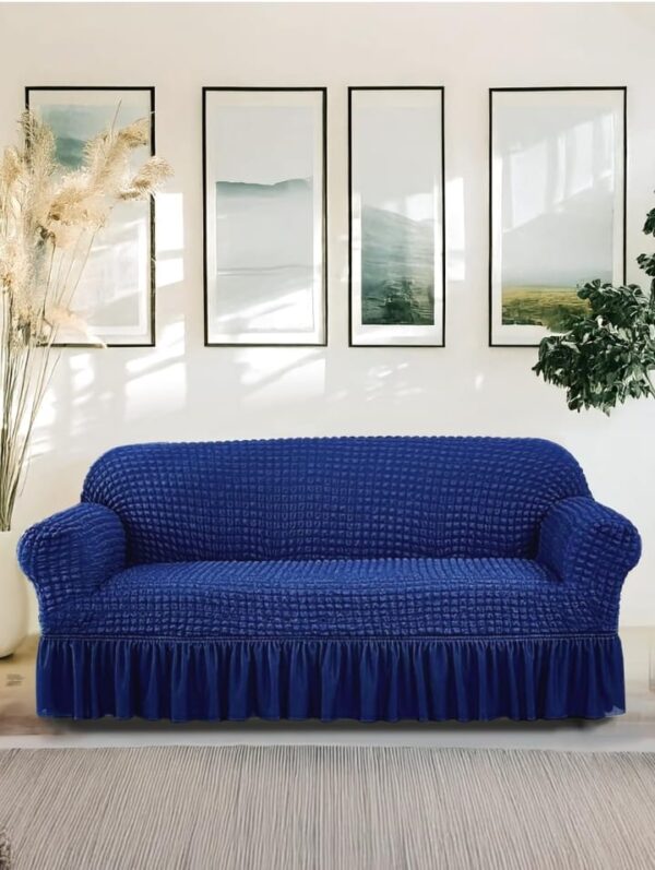 (859) Amazon Brand - Solimo Bubble Sofa Cover with Skirt Polyester and Spandex Fabric | Three Seater (Blue) (859)