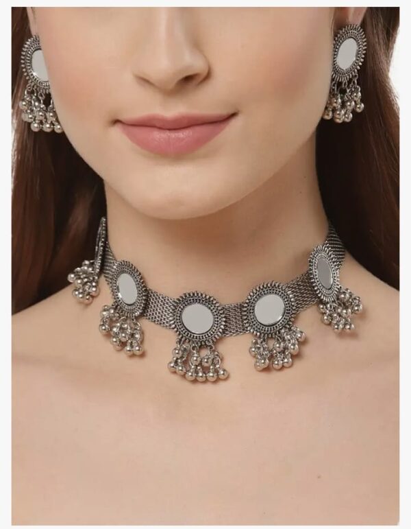 (1C) Shining Diva Fashion Latest Stylish Fancy Oxidised Silver Tribal Choker Necklace Jewellery Set for Women (12162s)(1C) - Image 3