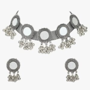 (1C) Shining Diva Fashion Latest Stylish Fancy Oxidised Silver Tribal Choker Necklace Jewellery Set for Women (12162s)(1C)
