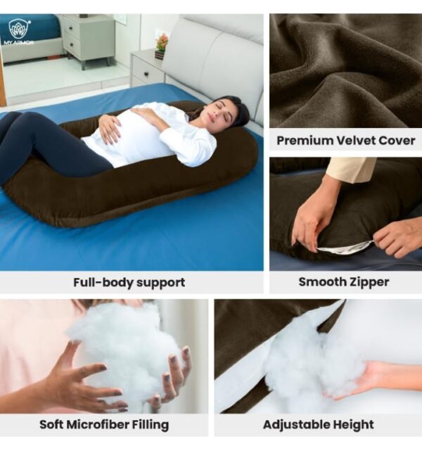 910) MY ARMOR Full Body G Shape Pregnancy Pillow for Pregnant Women, Maternity Pillow Gift for Pregnancy Sleeping, 3 Months Warranty, Premium Velvet Cover with Zip, Brown (910) - Image 5