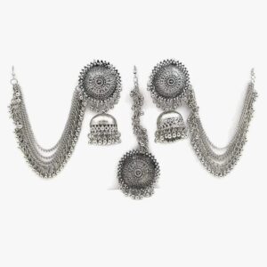 (1E)Shining Diva Fashion Latest Oxidised German Silver Antique Design Stylish Traditional Maang Tikka Jhumka Earrings Jewellery Set for Women(1E)