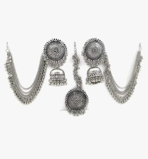 (1E)Shining Diva Fashion Latest Oxidised German Silver Antique Design Stylish Traditional Maang Tikka Jhumka Earrings Jewellery Set for Women(1E)