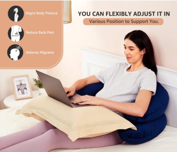 1123) Amazon basics Full Body C-Shaped Pregnancy Pillow for Maternity & Baby Nursing | Abdomen, Hip, Spine, Neck & Head Support Cushion Velvet Outer Cover with Zip (Navy Blue) (1123) - Image 4