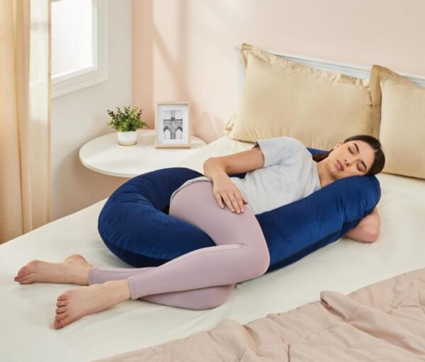 1123) Amazon basics Full Body C-Shaped Pregnancy Pillow for Maternity & Baby Nursing | Abdomen, Hip, Spine, Neck & Head Support Cushion Velvet Outer Cover with Zip (Navy Blue) (1123)