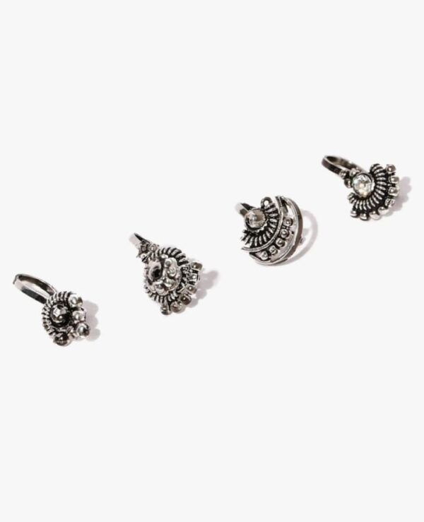 (2,J) ZAVERI PEARLS Combo Of 4 Antique Silver Tone Adjustable Nose Pin For Women-ZPFK8232 (2,J)