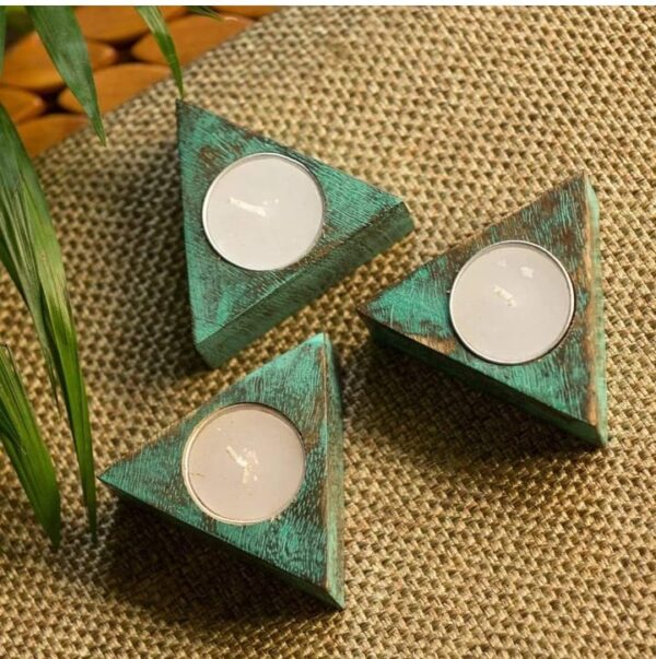 A T HANDICRAFTS Mango Wood Antique Finish 'Rustic Triangles' Tea Light Holders -Set of 3 ( 1740)