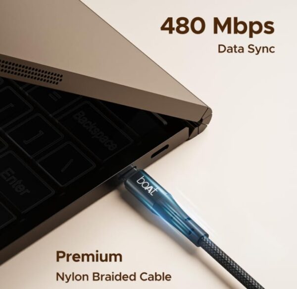boAt Type-C C300 Tangle-Free, Sturdy Cable w/ 60W/3A PD Fast Charging, Compatible w/Xiaomi, Oneplus, Samsung, Vivo & Oppo, 480 Mbps Data Transmission Speed, Nylon Braided Skin & 1.5m Length(Black) ( 1343) - Image 2