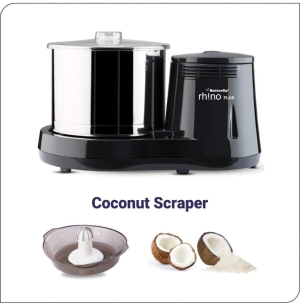 Butterfly Rhino Plus 2 Litres Table-Top Wet Grinder | 150 Watts | Shockproof ABS Body | Coconut Scrapper Attachment | Dough Kneader | Stainless Steel Drum | 2 Years Manufacturer's Warranty | Grey - Image 2