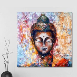 999STORE Wooden Stretched Lord Gautam Buddha Budha Painting | Wall Paintings for Bedroom | Bed Room Canvas Modern Stylish Hanging (Canvas 18X18 Inches Stretched Canvas) (636)