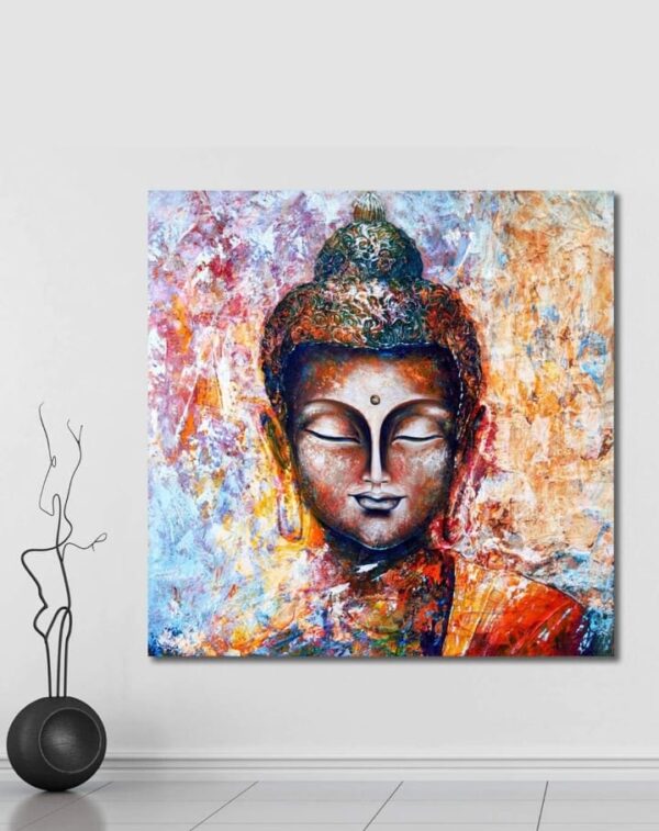 999STORE Wooden Stretched Lord Gautam Buddha Budha Painting | Wall Paintings for Bedroom | Bed Room Canvas Modern Stylish Hanging (Canvas 18X18 Inches Stretched Canvas) (636)