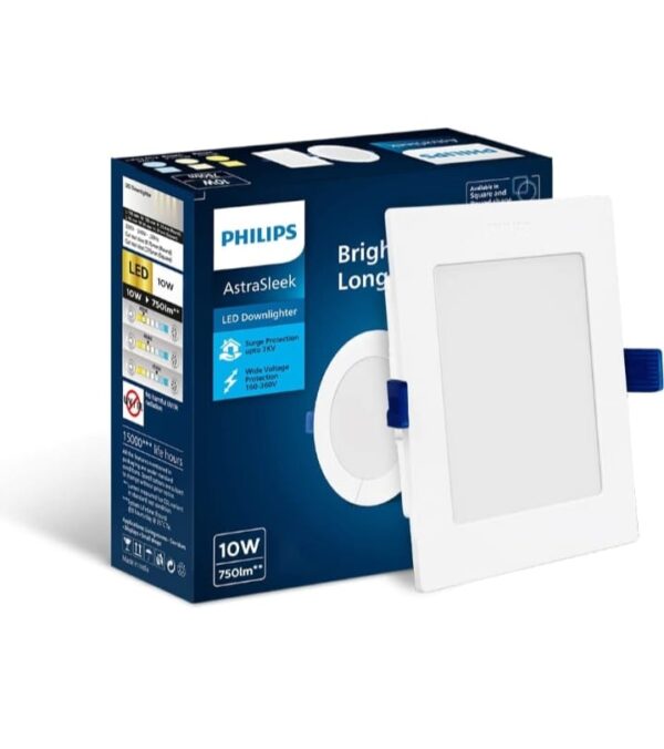 PHILIPS Astra Sleek 10-watt Square LED Downlighter | LED Ceiling Light for Home and Hall | Cut Out: 110 mm, Color: Natural White, Pack of 1
