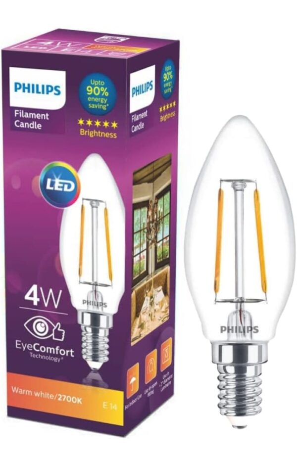 PHILIPS 4-watt Filament Candle LED Bulb | Filament Candle Bulb Home & Decoration|Bulb Base: E14, Color: Warm White|Pack of 1