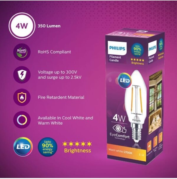 PHILIPS 4-watt Filament Candle LED Bulb | Filament Candle Bulb Home & Decoration|Bulb Base: E14, Color: Warm White|Pack of 1 - Image 2