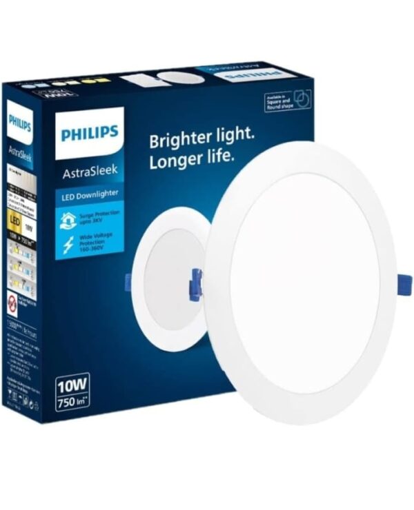 PHILIPS Astra Sleek 10-watt Round LED Downlighter | LED Ceiling Light for Home and Hall | Cut Out: 110 mm, Color: Cool Day Light, Pack of 1