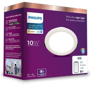 Philips 10-Watt Smart Wi-Fi Led Ceiling Lamp Downlighter Wiz Connected (Shades of White + Dimmable + Pre-Set Modes) (Compatible with Amazon Alexa and Google Assistant) (Pack of 1) Flanged Bulb Base (1908)