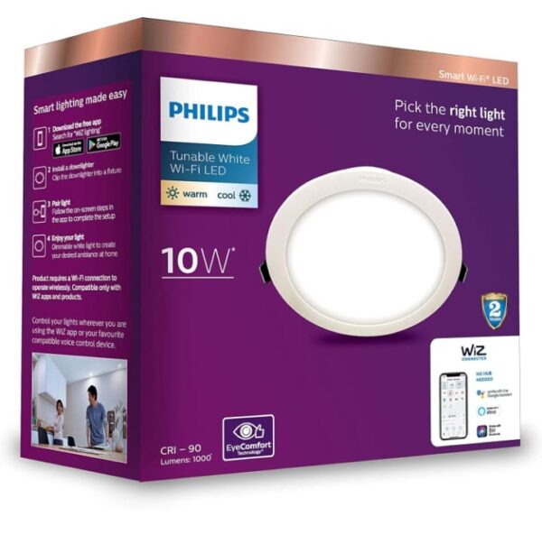 Philips 10-Watt Smart Wi-Fi Led Ceiling Lamp Downlighter Wiz Connected (Shades of White + Dimmable + Pre-Set Modes) (Compatible with Amazon Alexa and Google Assistant) (Pack of 1) Flanged Bulb Base (1908)