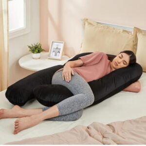 Amazon basics Full Body U-Shaped Pregnancy Pillow for Maternity & Baby Nursing | Abdomen, Hip, Spine, Neck & Head Support Cushion Velvet Outer Cover with Zip (Black)(1950)