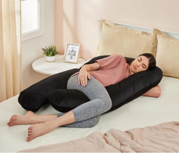 Amazon basics Full Body U-Shaped Pregnancy Pillow for Maternity & Baby Nursing | Abdomen, Hip, Spine, Neck & Head Support Cushion Velvet Outer Cover with Zip (Black)(1950)