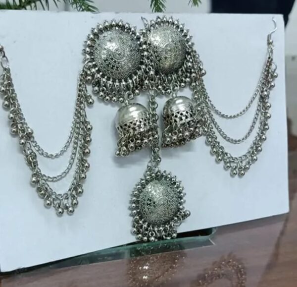 Silver jhumka earrings and Maang tikka set for girls and women (AE-3) - Image 3